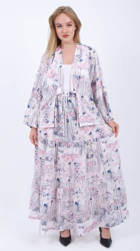 Printed Kimono and Tiered Skirt Set