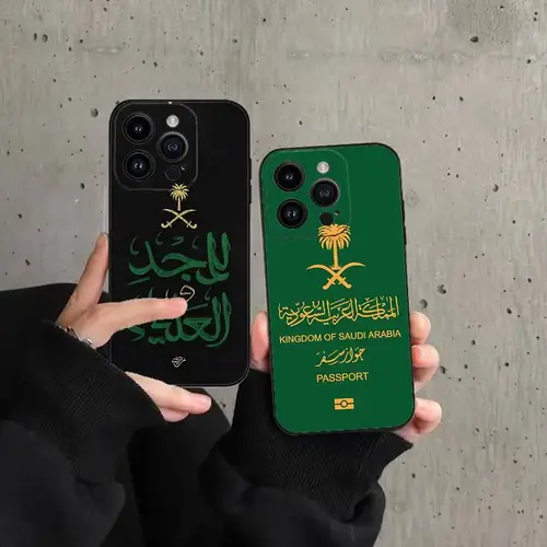 غطاء آيفون بتصميم علم المملكة العربية السعودية باللون الأسود متوافق مع iPhone 17 و16 و15 و14 و13 و12 ميني و11 وX وXR وXS Max وPro Max