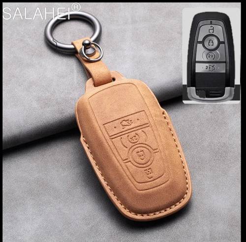 غطاء لمفتاح سيارات فورد (لون بني - تعليقه جيب من المعدن)
