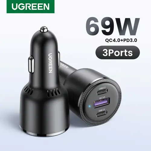 نسخة من شاحن سيارة UGREEN بقدرة 69 واط،  2 USB من النوع C، منفذ مزدوج PD QC 4.0 3.0، شحن سريع لأجهزة الكمبيوتر المحمول، شاحن هاتف السيارة، لهواتف iPhone ، وسامسونج.