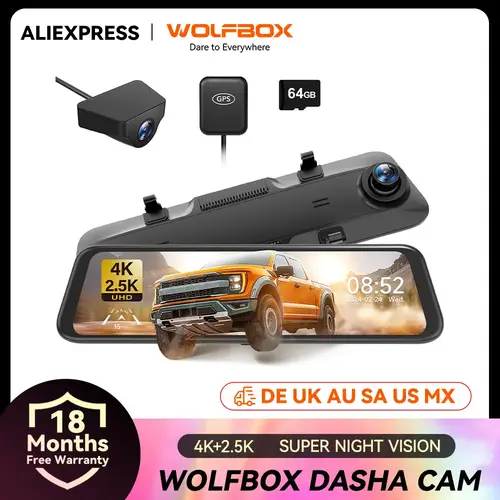 كاميرا داش كام WOLFBOX G900 بدقة 4K+2.5K مع شاشة IPS مقاس 12 بوصة وزاوية رؤية 170° وكاميرا خلفية ونظام GPS ومرآة ذكية ومسجل DVR للسيارة