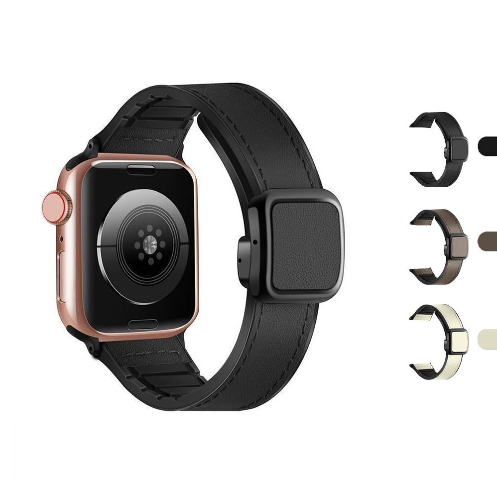 Leather Silicone Band With Folding Magnetic Clasp For Apple Watches  38mm-40mm-41mm  Brown