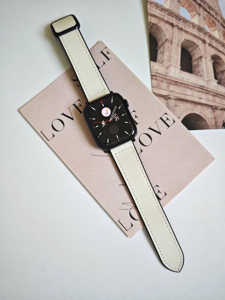 Leather Silicone Band With Folding Magnetic Clasp For Apple Watches  42mm-44mm-45mm-46mm-49mm  White