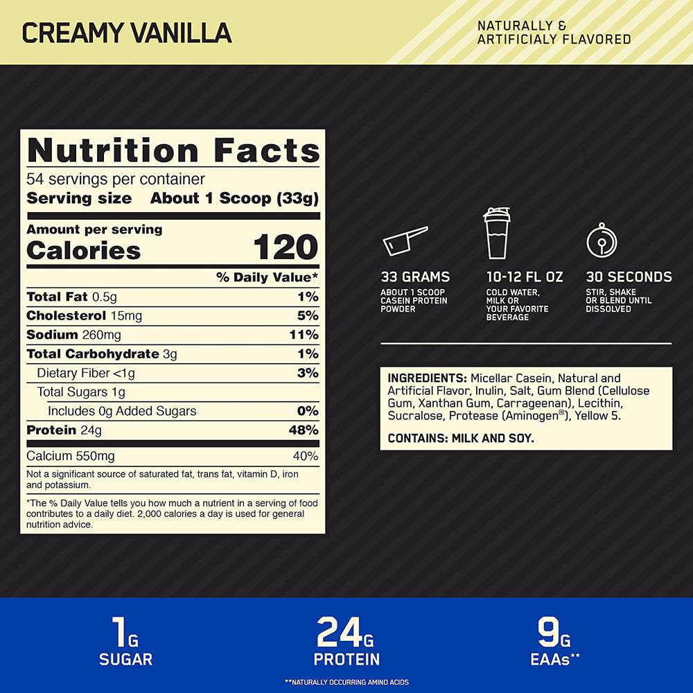 Optimum Nutrition Gold Standard 100% Micellar Casein Protein Powder  Vanilla  4 LB