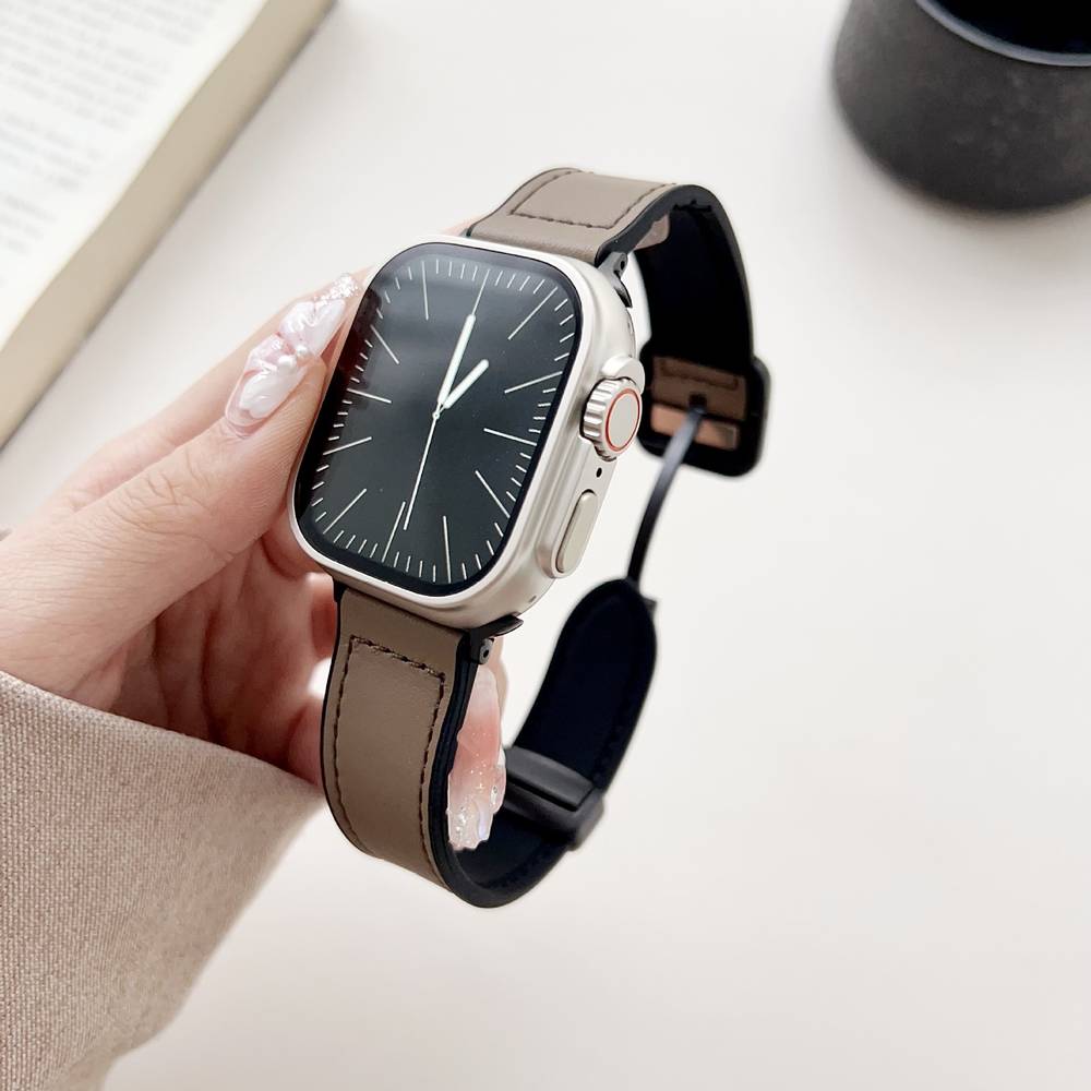 Leather Silicone Band With Folding Magnetic Clasp For Apple Watches  42mm-44mm-45mm-46mm-49mm  White