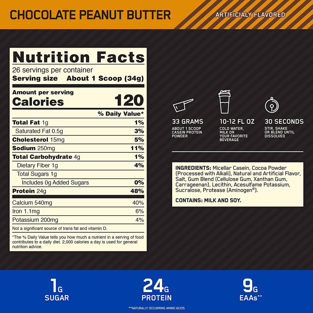Optimum Nutrition Gold Standard 100% Micellar Casein Protein Powder  Vanilla  4 LB