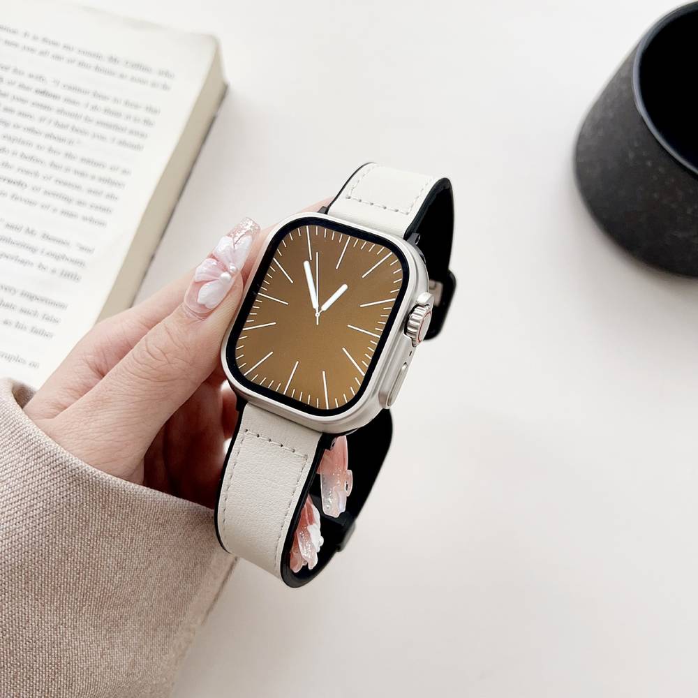Leather Silicone Band With Folding Magnetic Clasp For Apple Watches  42mm-44mm-45mm-46mm-49mm  White