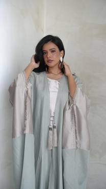 Linen-Silk Embroidery Abaya - Aqua-Silver