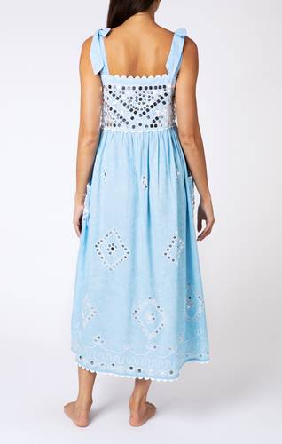 Paillette Embroidered Tie Shoulder Dress Blue
