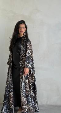 Printed Silk Abaya - Black