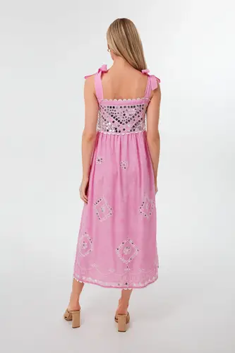 Paillette Embroidered Tie Shoulder Dress Pink