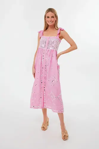 Paillette Embroidered Tie Shoulder Dress Pink