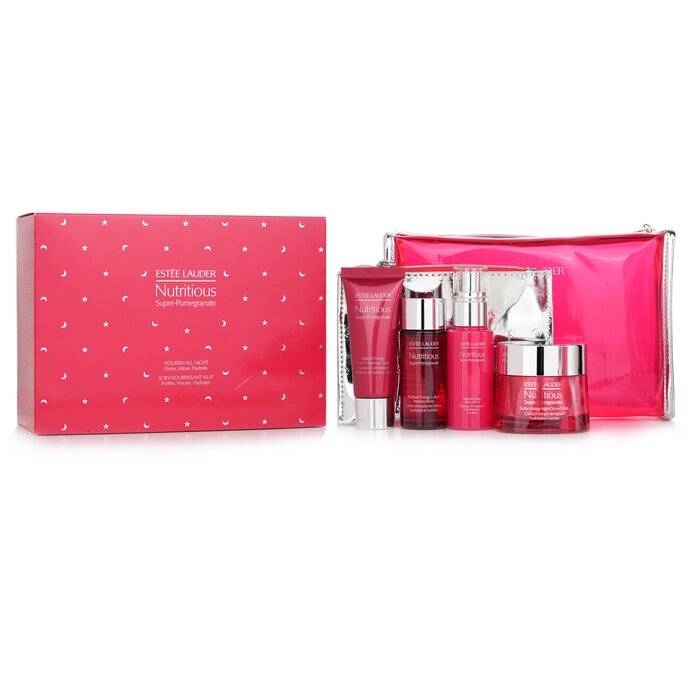 Nutritious Super-Pomegranate Nourish All Night Set: Night Creme+ Milky Lotion+ Lotion Intense Moist+ Cleansing Form... 4pcs+2bags by Estee Lauder