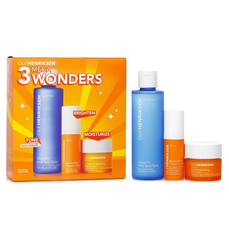 مجموعة أعاجيب ثلاثية: سيرم فيتامين C Banana Bright 15مل + تونر للبقع السوداء Glow2OH 190مل + كريم جل مفتح C-Rush 35مل من Ole Henriksen