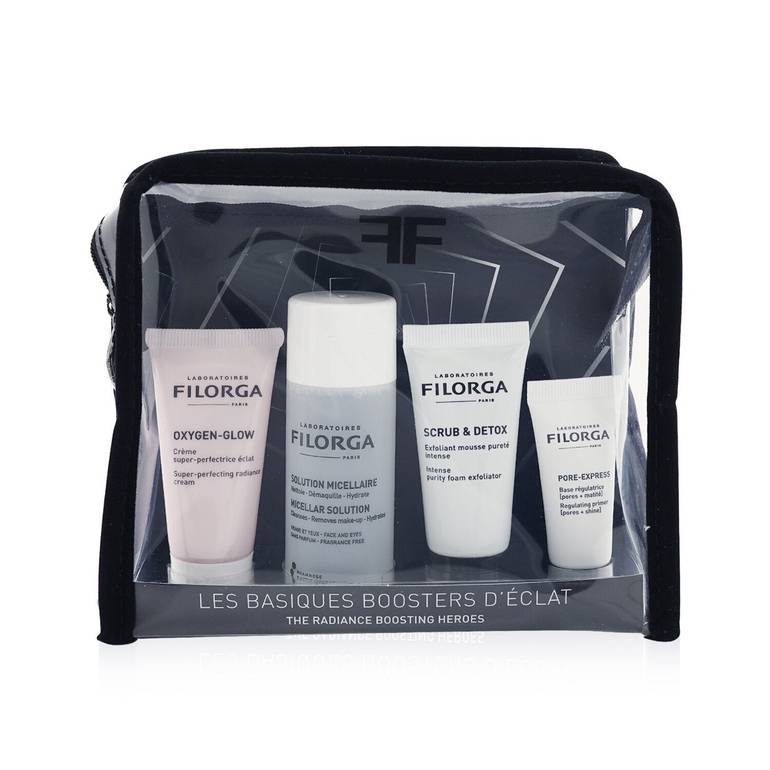 The Radiance Boosting Heroes Set: Oxygen Glow Cream 15ml + Micellar Solution 50ml + Scrub & Detox 15ml + Pore-Extress Primer 7ml by Filorga