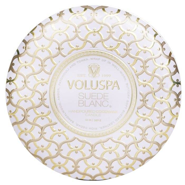 شمع قصدير مزخرف مع 3 فتائل - Suede Blanc 340g/12oz من فولوسبا