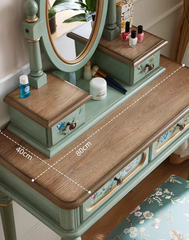 ciao lucia blue dress 1950's Vintage Pleat Green Dressing Table with Mirror and Stool
