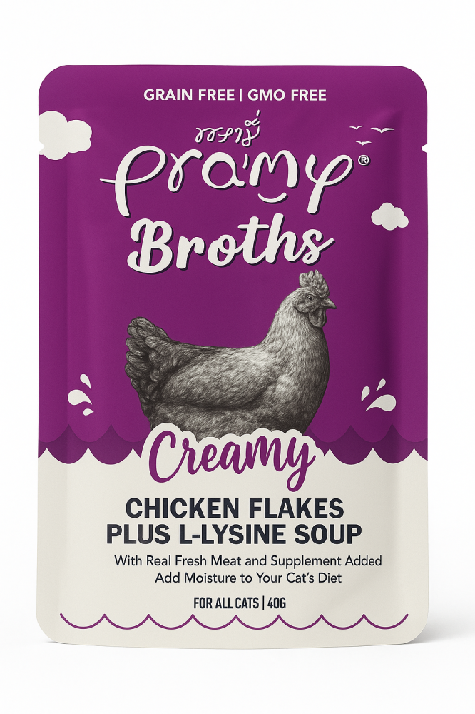 برامي شرائح الدجاج واللايسين في المرق - شوربة قطط 40غ Pramy Broth Chicken Flakes Plus L-LYSINE Soup 40g