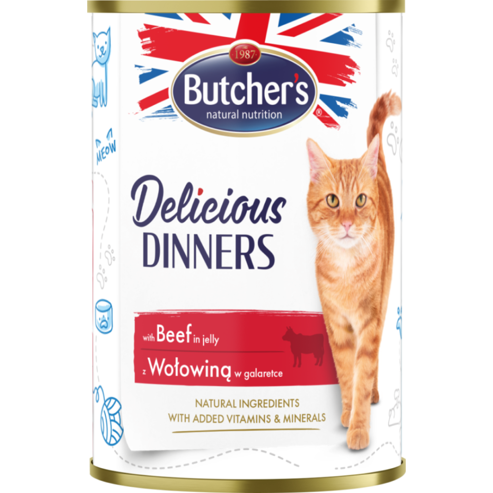 بوتشرز وجبة غذائية للقطط قطع اللحم البقري في الجيلي 400غ Butcher's Delicious Dinners Chunks in jelly with beef