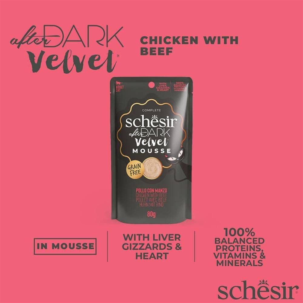 شيزر افتر دارك اظرف الدجاج مع اللحم البقري في الموس (طعام رطب للقطط البالغة) Schesir After Dark chicken with Beef in Mousse in Pouch 80g
