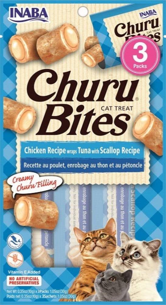اينابا تشورو مكافآت قطط دجاج رطبة محشية تونا ومحار (10جرام 3Xاظرف) / (INABA Churu Bites Cat Treats Chicken Recipe Wraps - Tuna With Scallop Recipe (3PacksX 10g