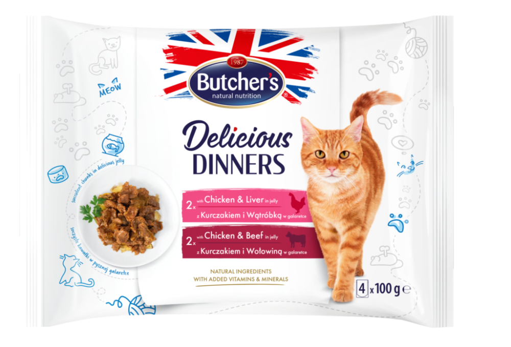 بوتشرز وجبة غذائية للقطط 2x اظرف كبد الدجاج 2x الدجاج مع اللحم البقري في الجيلي 4x100غ Butcher's Delicious Dinners Chunks chicken&Liver with chicken & Beef in Jelly