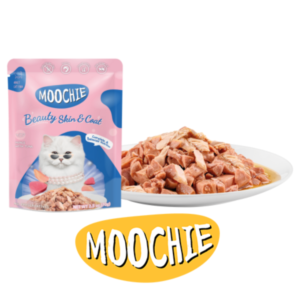 موتشي طعام رطب للقطط البالغة اظرف التونة مع قطع اللحم Moochie cat Mince with Tuna - Skin & Coat