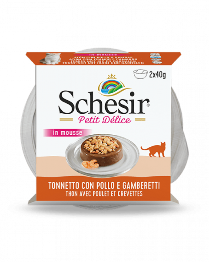 شيزر صحن سمك التونة والدجاج مع الجمبري في الموس 2x40 غ Schesir Petit Delice in Mousse Tuna & Chicken and Shrimp 2x40 g