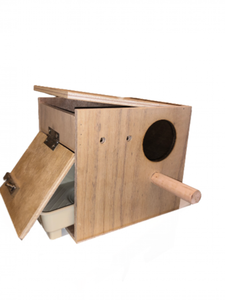 A hanging wooden bird nursery for budgies with a top door, a side door, and a perch