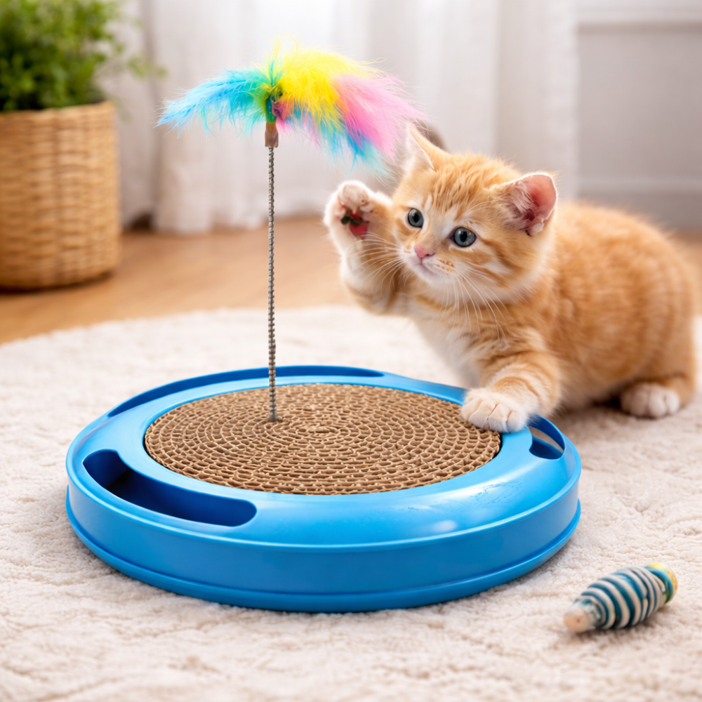 Round Cat Scratcher with Feather Toy - Cat Toys and Scratchers Round Cat Scratcher with Feather Toy