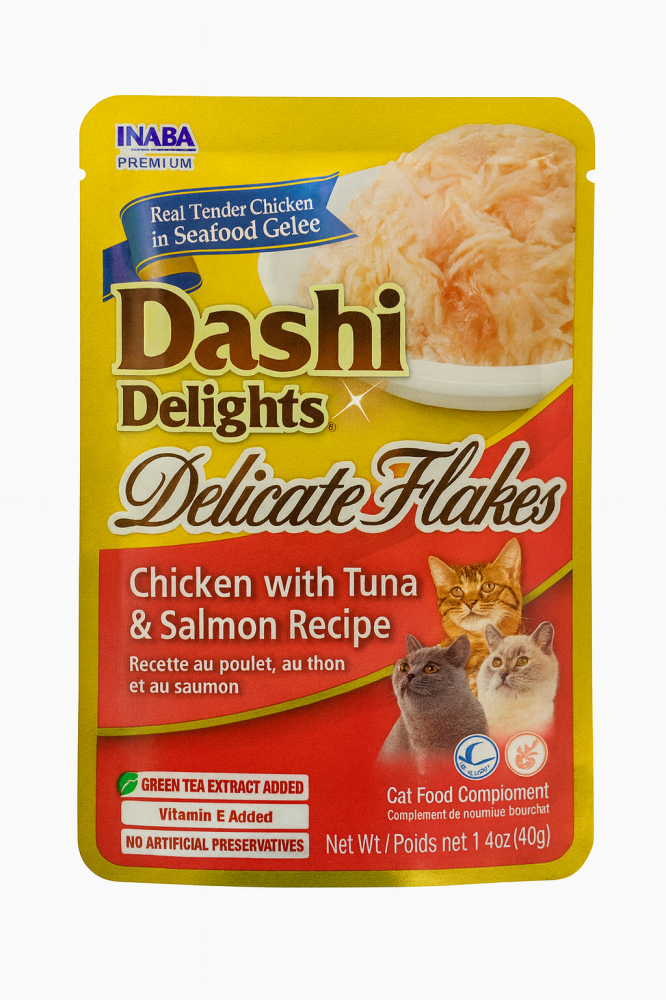 اينابا داشي ديلايت شرائح الدجاج مع التونة والسالمون 40غ INABA Dashi Delight Delicate Flakes Chicken with Tuna & Salmon Recipe 40g