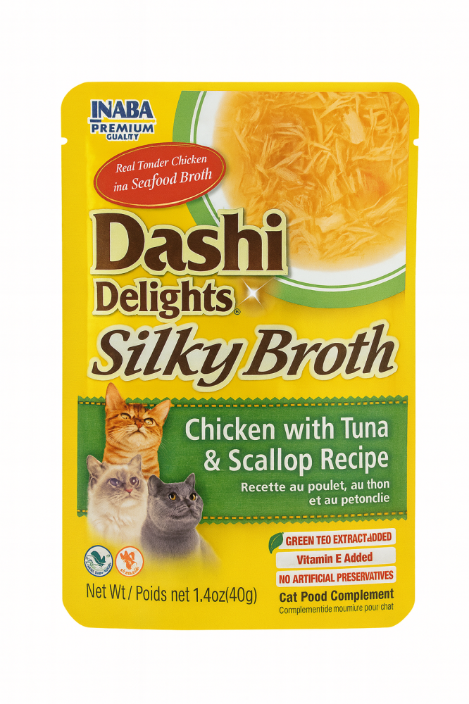 اينابا داشي ديلايت شوربة الدجاج مع التونة والمحار 40غ INABA Dashi Delight Silky Broth Chicken with Tuna & Scallop Recipe 40g