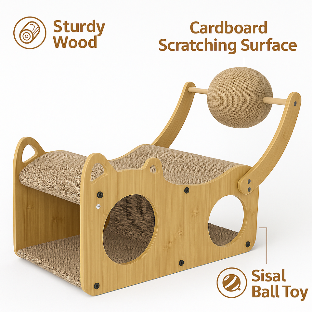 Wooden Cat Scratcher - Cat House with Scratch Board Cat Scratching with Sisal Ball Toy