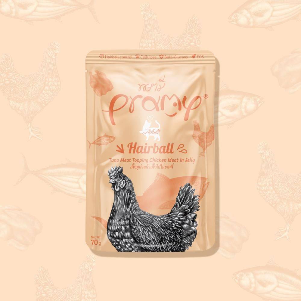برامي اظرف التونه والدجاج في الجيلي (طعام رطب للقطط البالغة) PRAMY Hairball Tuna Meat Topping Chicken Meat in Jelly