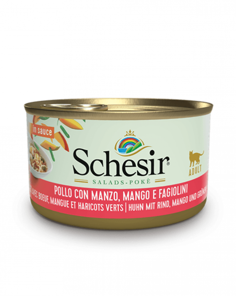 شيزر سلطة بالصلصة دجاج ولحم بقري ومانجو مع الفاصولياء (طعام رطب للقطط البالغة) 85غ Schesir Salad in Sauce Chicken with Beef & Mango and Green Beens 85 g
