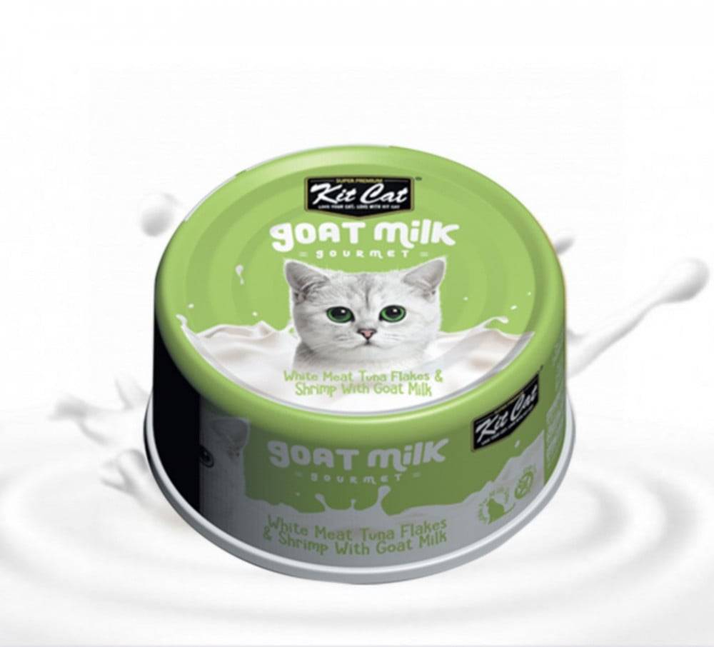 كت كات شرائح التونا البيضاء مع الجمبري وحليب الماعز 70غ Kit Cat White Meat Tuna Flakes & Shrimp With Goat Milk 70g