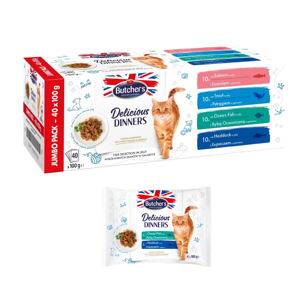 بوتشرز وجبة غذائية للقطط 4x اظرف نكهات متنوعة (عرض خاص - اختيار عشوائي) Butcher's Delicious Dinners Chunks in jelly