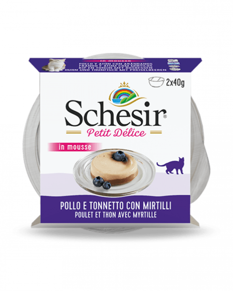 شيزر صحن الدجاج وسمك التونة بطعم التوت في الموس 2x40 غ Schesir Petit Delice in Mousse Chicken & Tuna and Blueberry 2x40 g