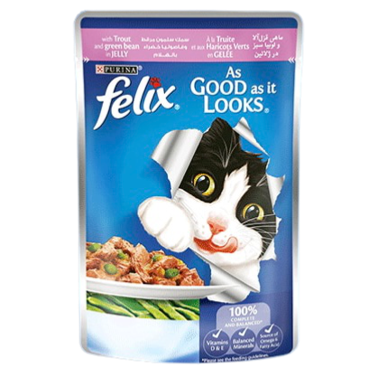 PURINA FELIX Tort And Green BEAND in Jelly بيورينا فيليكس اظرف سمك السالمون المرقط والبازلاء الخضراء بالجلي للقطط البالغة والمعقمة