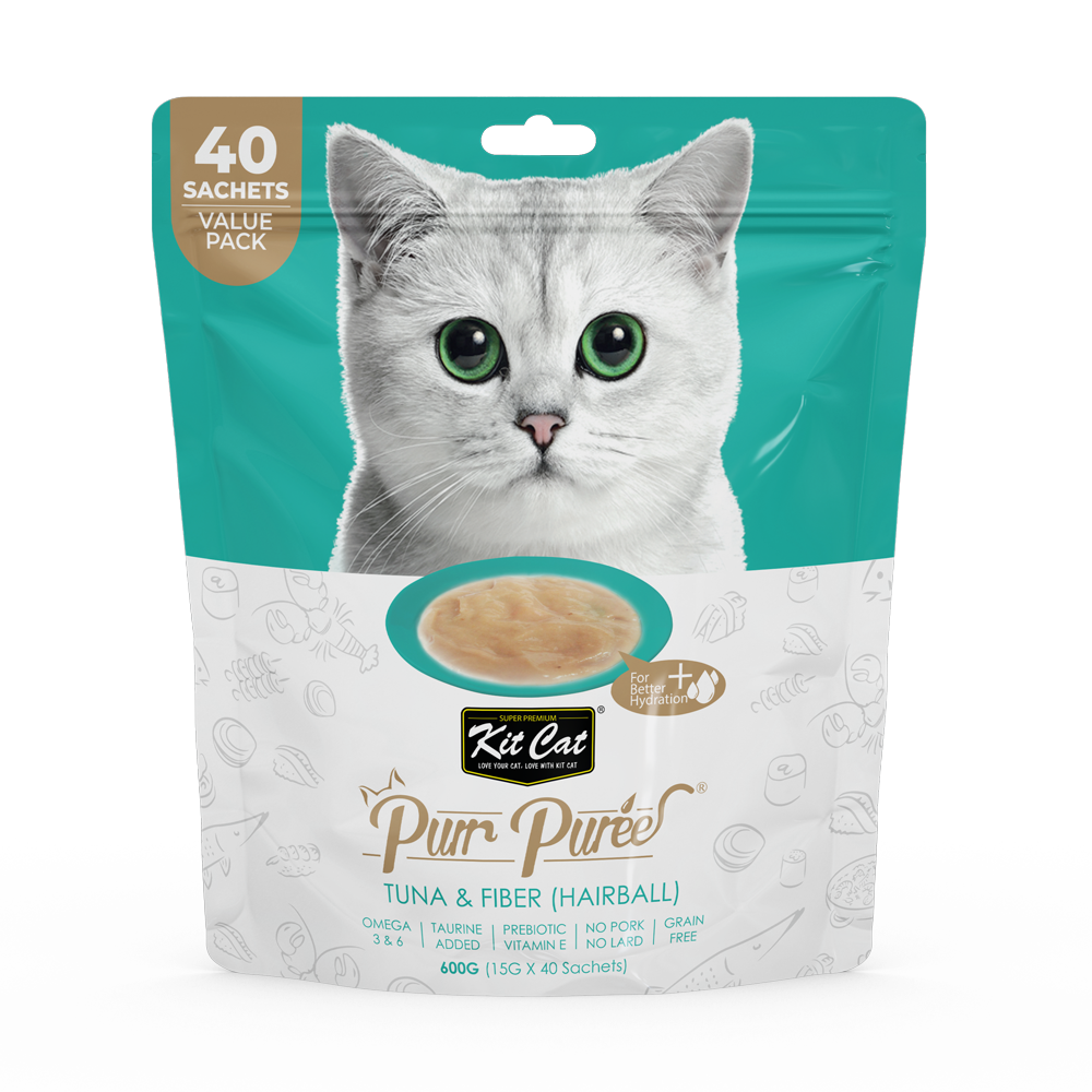 مكافآت قطط كت كات عبوة اقتصادية - هريسة التونا والألياف ( التحكم في كرات الشعر ) Kit Cat Purr Puree Value Pack – Tuna & Fiber (Hairball)