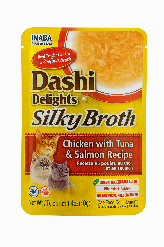 اينابا داشي ديلايت شوربة الدجاج مع التونة والسالمون 40غ INABA Dashi Delight Silky Broth Chicken withTuna & Salmon Recipe 40g