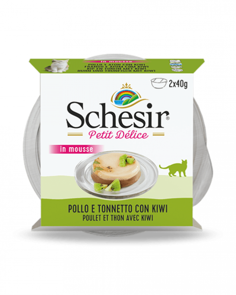 شيزر صحن الدجاج وسمك التونة بطعم الكيوي في الموس 2x40 غ Schesir Petit Delice in Mousse Chicken & Tuna and Kiwi 2x40 g