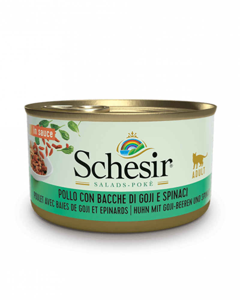 شيزر سلطة بالصلصة دجاج مع توت الغوجي والسبانخ (طعام رطب للقطط البالغة) 85غ Schesir Salad in Sauce Chicken with Goji Berries& Spinach 85 g