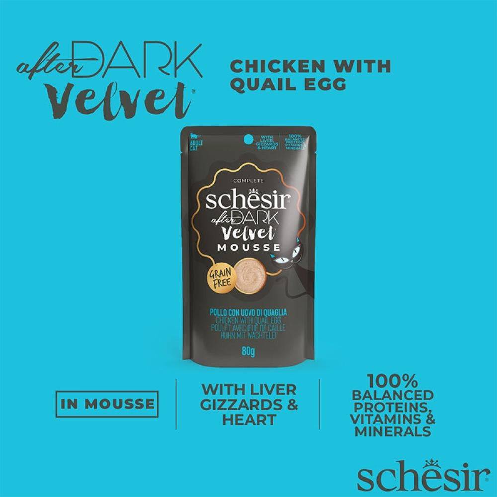 شيزر افتر دارك اظرف الدجاج مع بيض السمان في الموس (طعام رطب للقطط البالغة) Schesir After Dark chicken with Egg Quil in Mousse in Pouch 80g