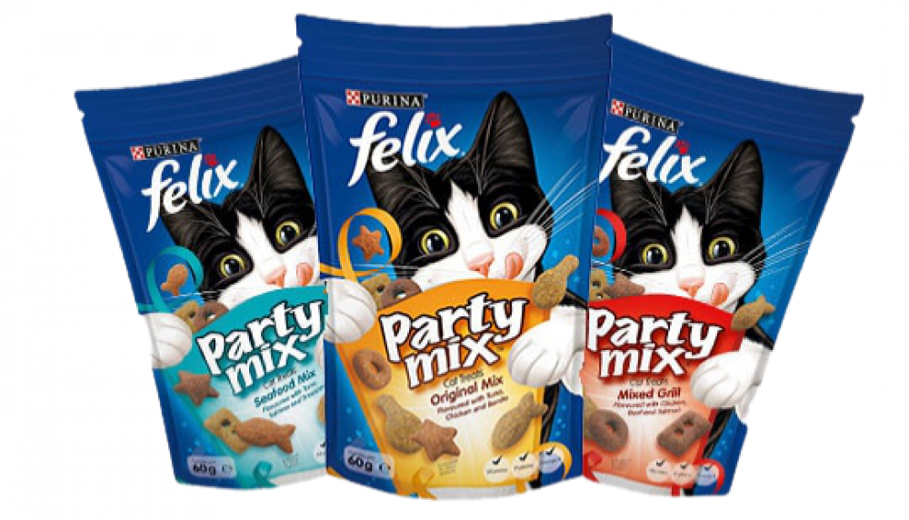 مكافآت فيليكس بيورينا بارتي ميكس دجاج ولحم وسالمون 60 غ PURINA Party Mix Treats Chicken,Beef,Salmon 60g