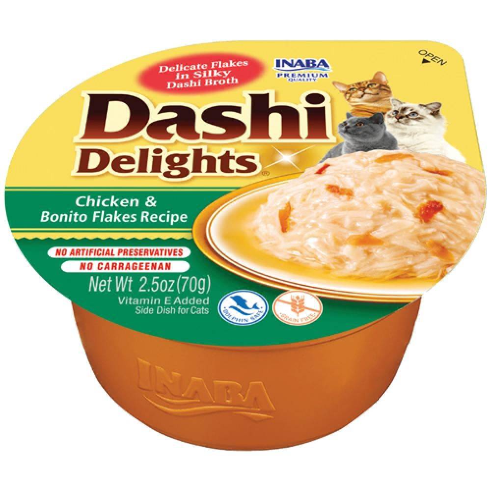 اينابا داشي ديلايت اكواب الدجاج مع رقائق سمك البونيتو في المرق 70غ INABA Dashi delights Chicken with Bonito Flakes Recipe 70g