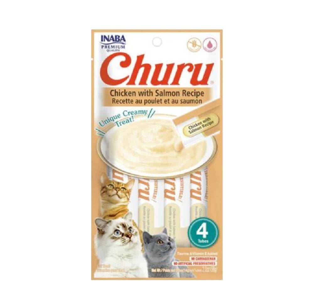 اينابا تشورو هريسة الدجاج مع السالمون مكافآت قطط غ4x14 INABA Churu Chicken with Salmon Flavor 4x14g