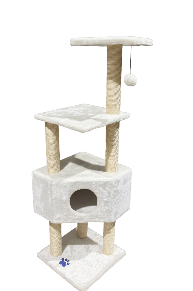 Multi-level cat scratching and climbing tower with small house and hanging toys