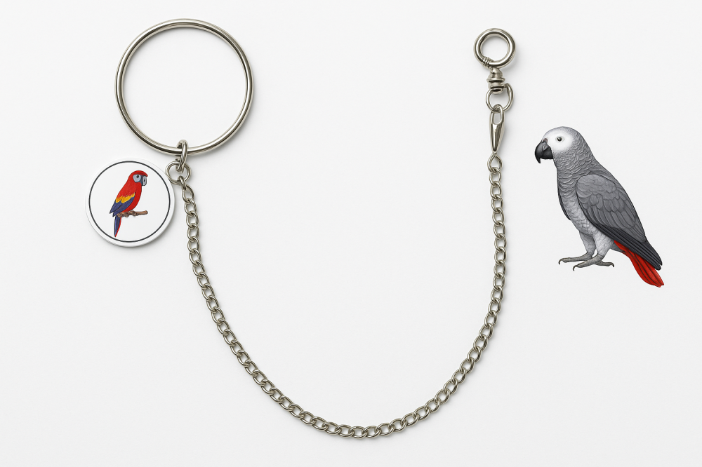 Iron chain for training parrots on external threats. Harness