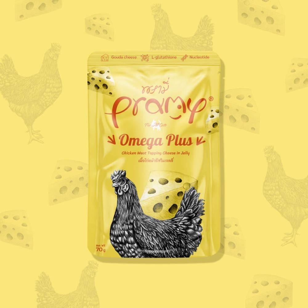 برامي أوميجا بلس اظرف الدجاج مع الجبن في الجيلي (طعام رطب للقطط الصغيرة والبالغة) PRAMY Omega Plus Chicken Meat Topping Cheese in Jelly - for All Cats